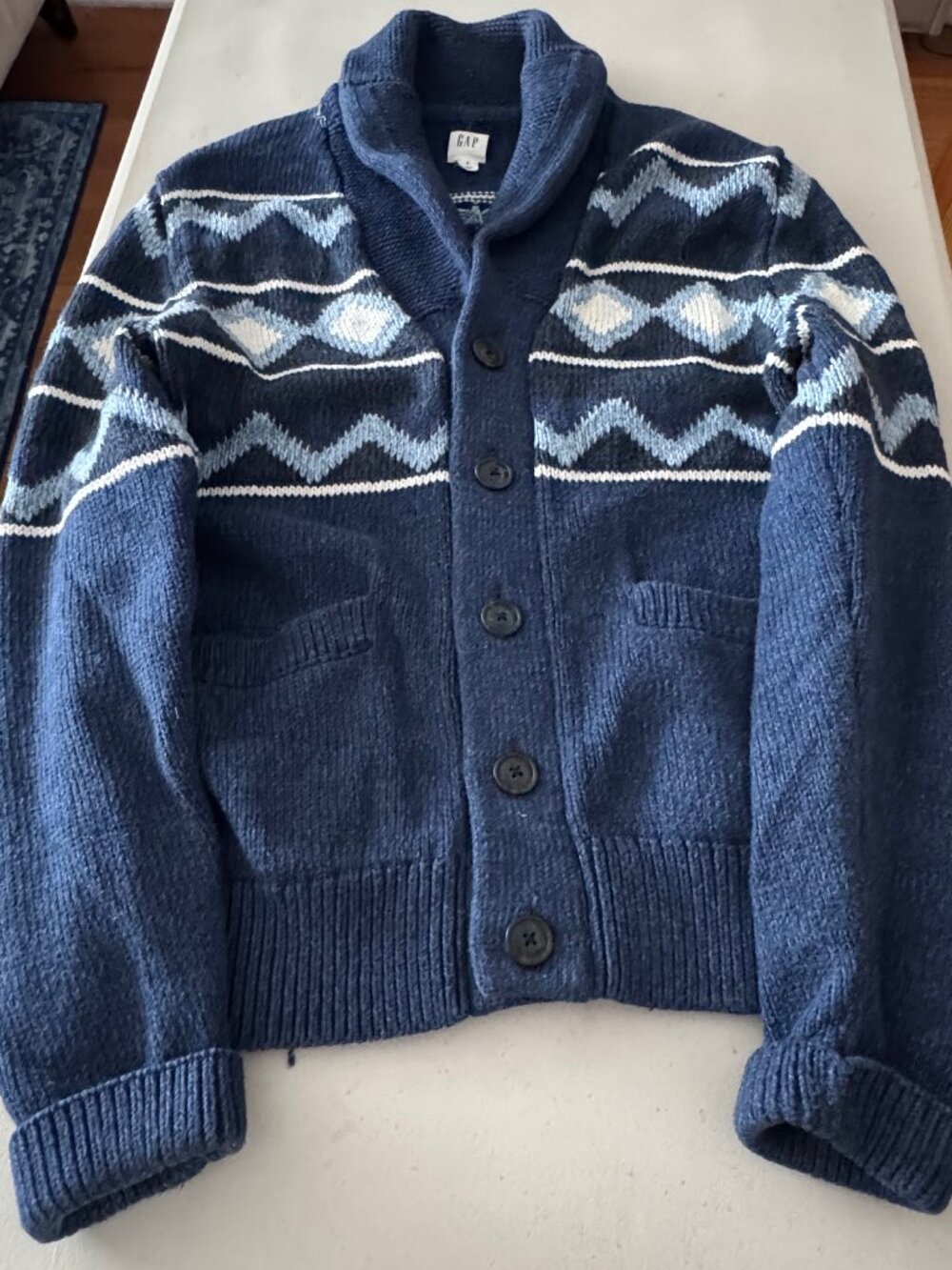 GAP Men's Small Shawl Collar Cardigan Sweater Blue Geometric Knit